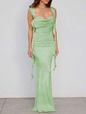 Split Hem Ribbons Backless Maxi Dress