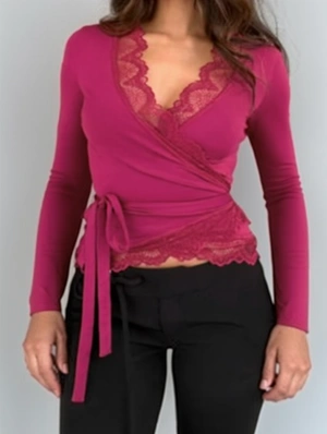 Lace Panel Pullover Bodycon Trumpet Sleeve Blouses 