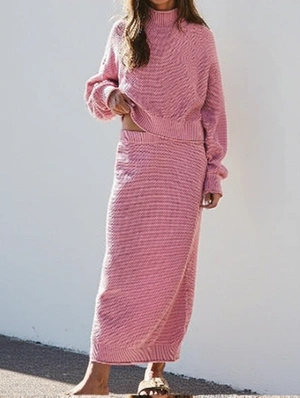Plain Knitting Highneck Sweater Skirt Sets
