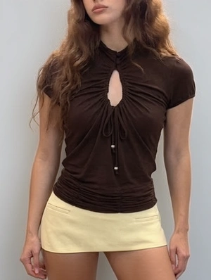 Drawstring Ruched Stand Collar T-shirts