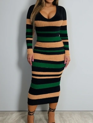 Rib Striped Bodycon V Neck Maxi Dress
