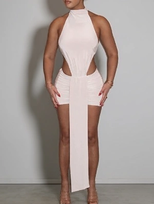 Ruched Halter Backless Ribbons Mini Dress