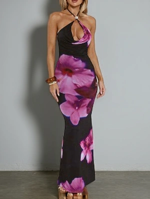 Floral Printed Halter Backless Maxi Dress