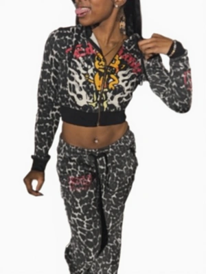 Leopard Devil Zipper Hooded Flared Pant Sets