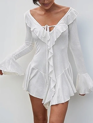 Patchwork Tie-wrap Casual Long Sleeve Dress