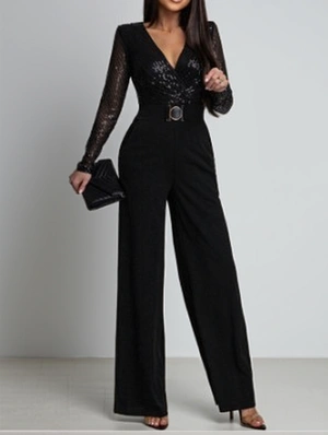 Sequin V Neck Long Sleeve Loose Jumpsuits