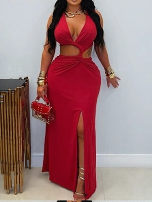 Twist Hollow-out V Neck Split Hem Maxi Dress