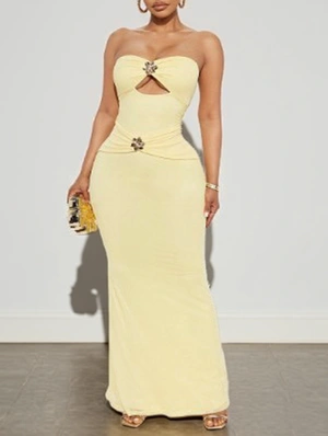 Metal Flower Decor Cutouts Strapless Maxi Dress