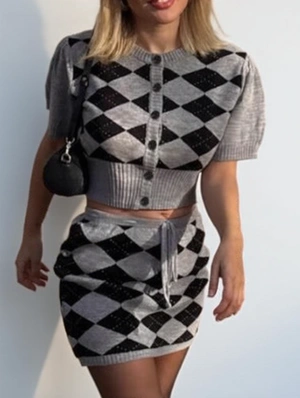 Knitted Rhombic Cardigan Skirt Sets