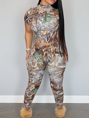 Camo Printed Bodycon Cropped Pant Sets