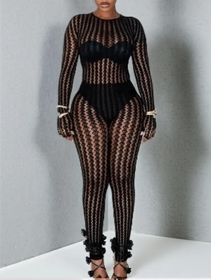 Striped Mesh Fitted See Through Jumpsuits