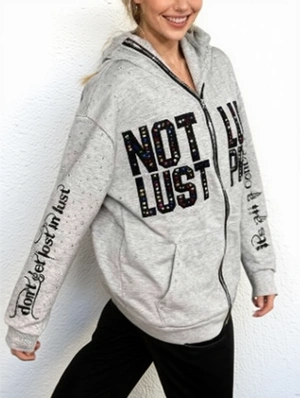 Letter Rhinestones Loose Zipper Hoodies