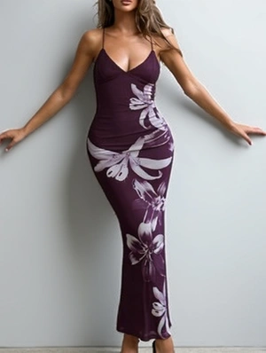 Floral Deep V Neck Backless Maxi Dress