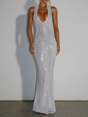 Sequin Halter V Neck Backless Maxi Dress