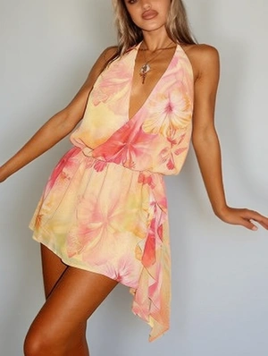 Floral Halter Backless Ribbons Mini Dress