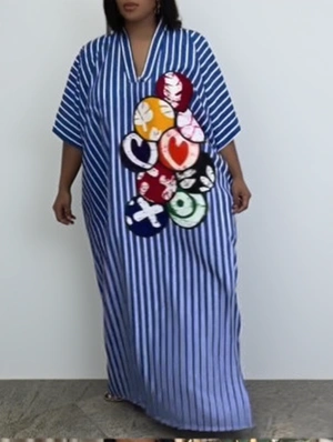 Striped V Neck Batwing Sleeve Maxi Dress