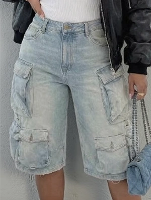 Washed Denim Multi Pocket Cargo Shorts