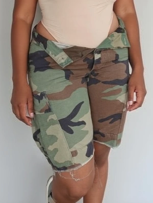 Camo Distressed Denim Knee Shorts
