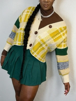 Colorblock Plaid V Neck Knitted Cardigan