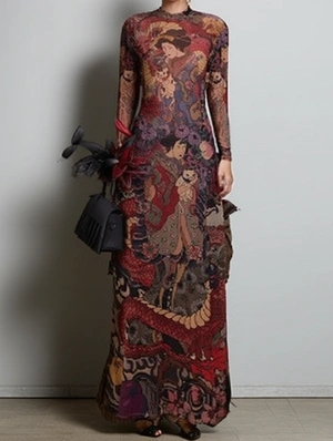 Sheer Abstract Printed Side Slit Maxi Dress