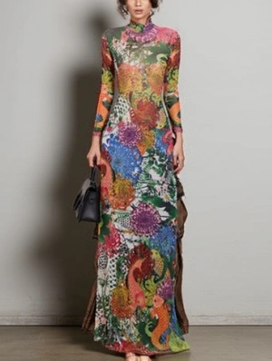 Floral Koi Printed Gauze Split Hem Maxi Dress