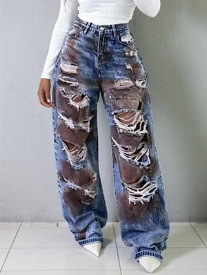 Ripped Distressed Denim Wide Leg Jeans