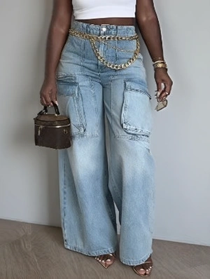 Washed Denim Multi Pocket Cargo Jeans