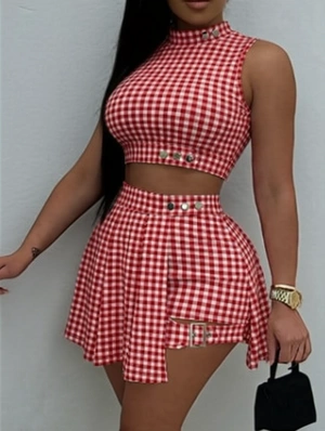 Plaid Cropped Split Hem A-line Skort Sets