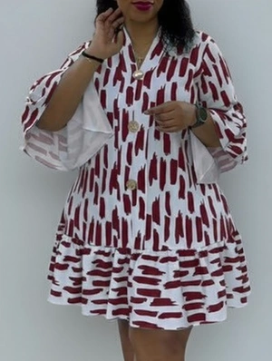 Geometric Printed V Neck Ruffle Mini Dress