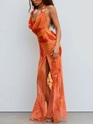 Floral Halter Backless Split Hem Maxi Dress