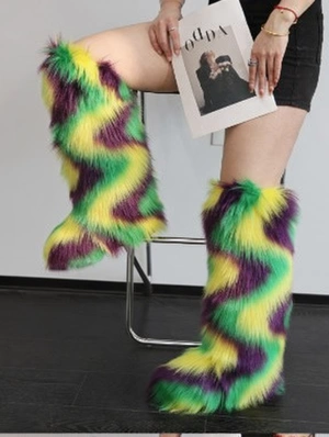 Colorblock Ripple Knee-High Fur Boots