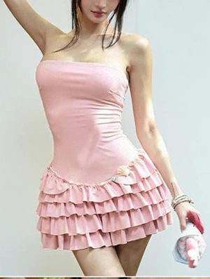 Solid Color Ruffle Edge Backless Sleeveless Dress