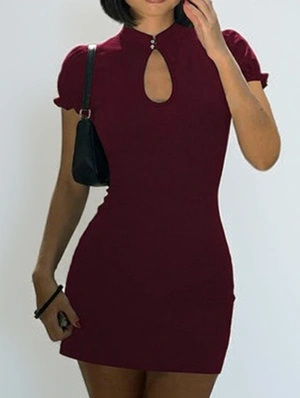 Pure Color Keyhole Neckline Bodycon Short Sleeve Mini Dress