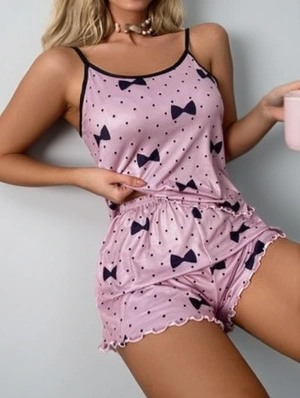 Sleeveless Heart Print Lettuce Trim Pajama Set