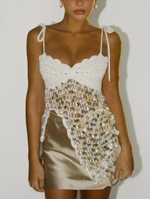Knitted Sequin Lace-Up Split Hem Tanks