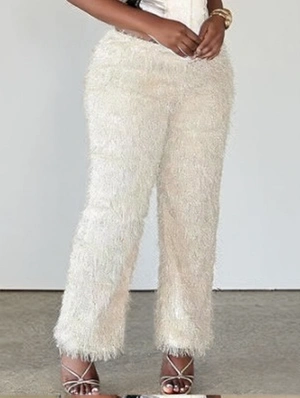 Plush Solid Leopard Fluff Straight Pants