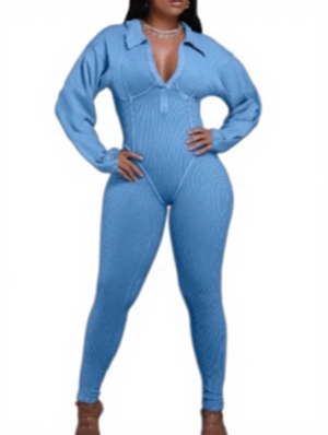 Washed Plain V Neck Lapel Fitted Jumpsuits