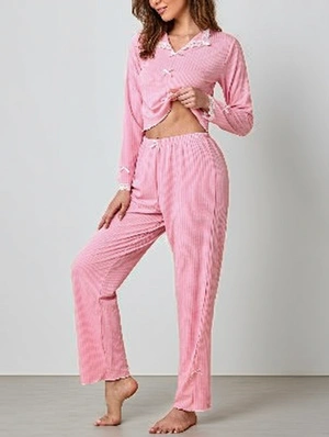 Casual Lace Trim Long Sleeve Pajama Set 