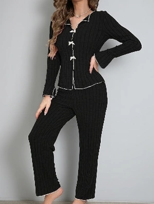 Bow Knitted Ruffled Long Pajama Set