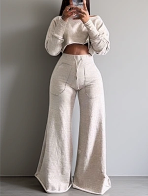 Solid Knitting Cropped Wide Leg Pant Sets