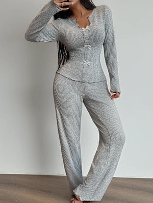V Neck Long Sleeve Ribbed Pajama Set 