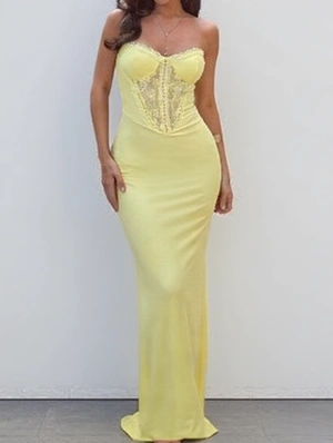 Lace Panel Applique Backless Maxi Dress
