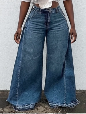 Washed Denim Trailing Wide Leg Jeans
