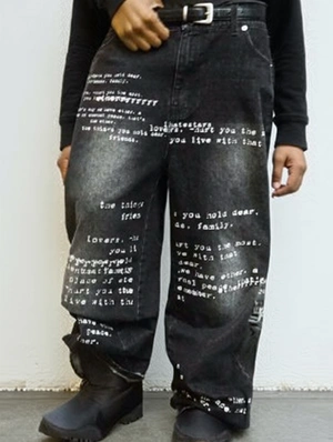 Washed Denim Letter Printed Jeans