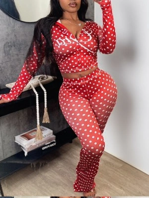 Dots Seam Line Zipper Hooded Pant Sets