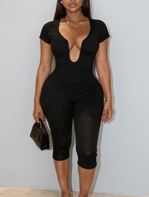 Solid Deep V Neck Fitted Capri Rompers
