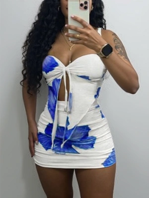 Floral Ruched Split Hem Tube Skirt Sets