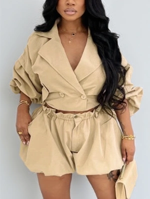 Lapel Cropped Jackets Bubble Short Sets