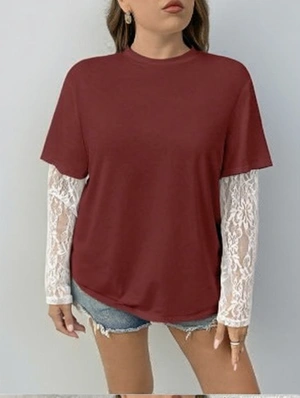Lace Panel Casual Long Sleeve Tops