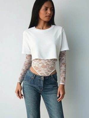 Lace Panel Bodysuits Cropped Tops